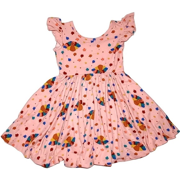 BAG268. NWT DOT DOT SMILE Pink Turkey Leaves Fall Empire Twirl Dress 3/4 - Picture 2 of 3